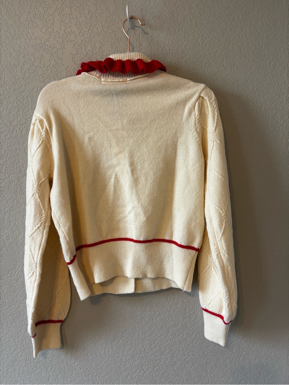 Goldie Cream Knit Cardigan with Red Trim and Strawberry Buttons - Picture 4 of 5
